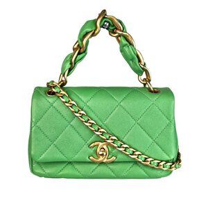CHANEL Small Quilted Lambskin Chain Is More Flap Green Gold 2 Way Shoulder Bag